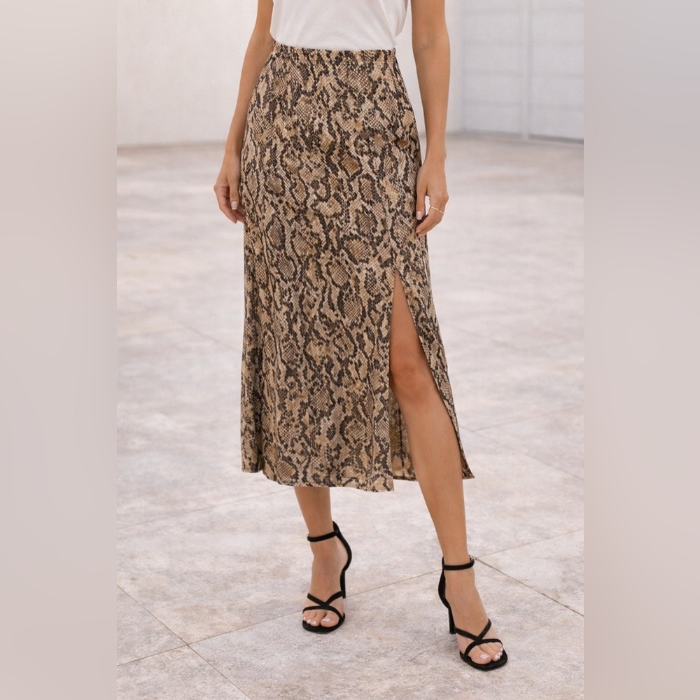 Zara Brown Tan Snake Print Midi Skirt | Side Slit | Flowy Lightweight | Size S